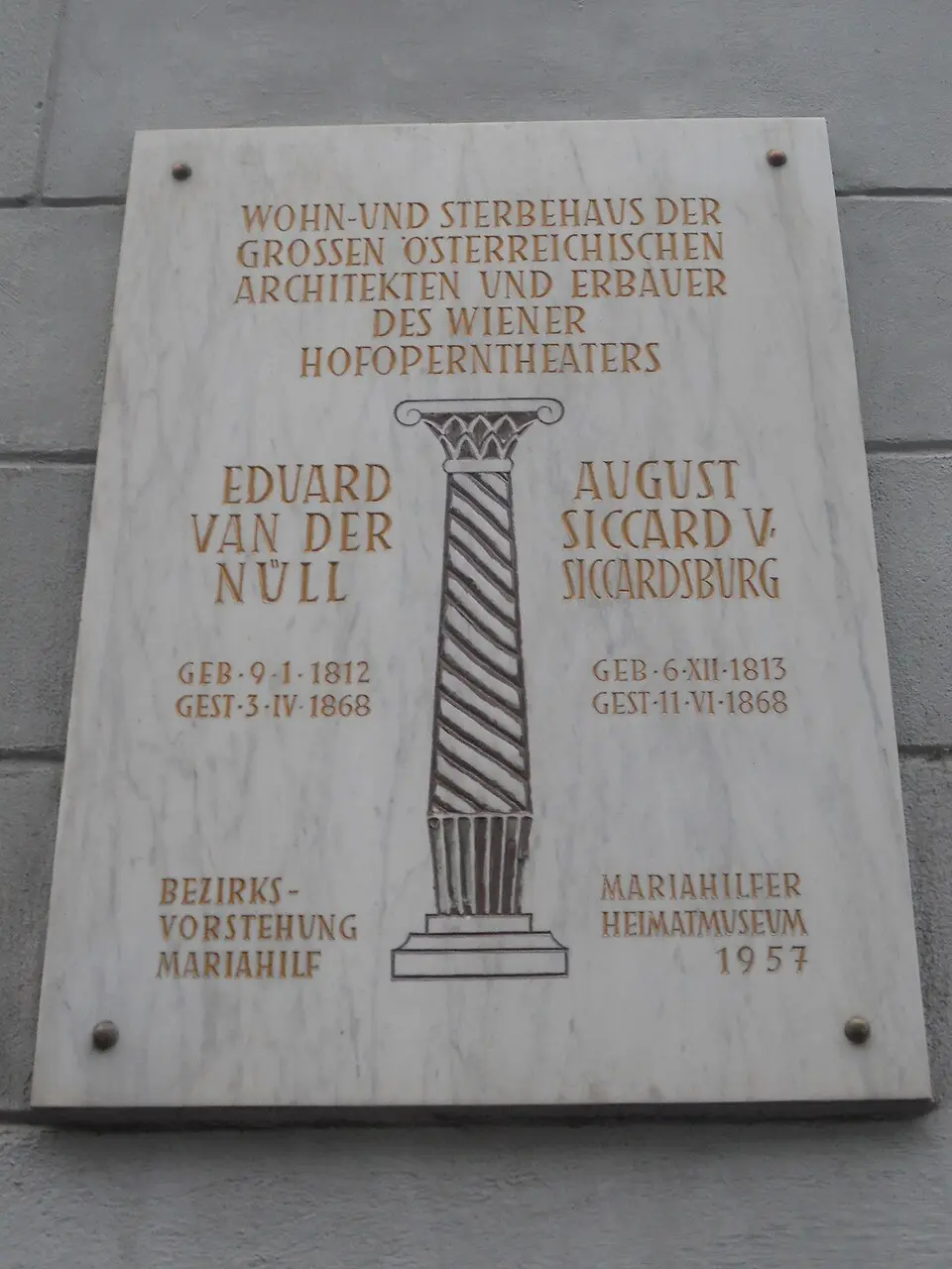 Gedenktafel für Eduard van der Nüll und August Siccard von Siccardsburg (Wien, Schadekgasse 4)