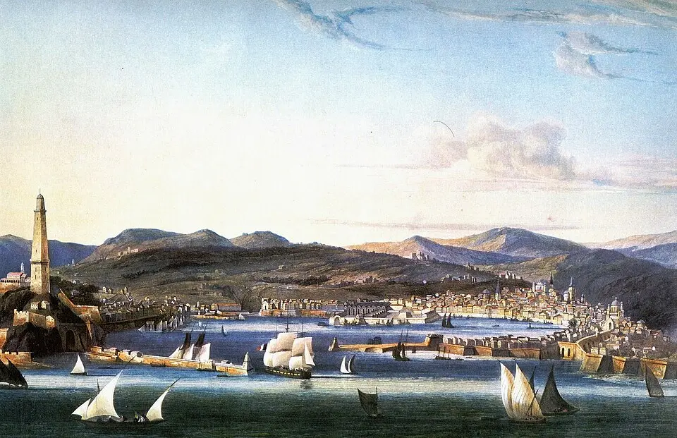 Immagine: Ambroise Louis Garneray · Public domain porto antico di Genova