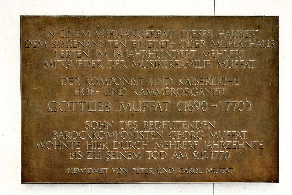 Obrázok: Herbert Josl · CC BY-SA 3.0 Gedenktafel für Gottlieb Muffat (Wien, Weihburggasse 2)