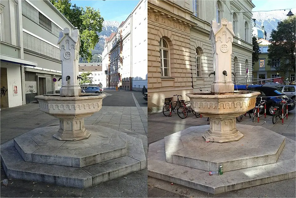 Slika: Leitzsche · CC BY-SA 3.0 Zwei Brunnen beiderseits des Hauptportals des Museums