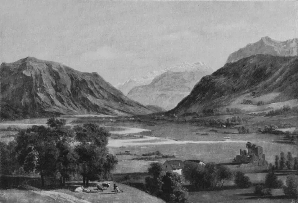 Obrázek: Johann Jakob Biedermann · Public domain Mittelalterliche Wasserburg mit Wehranlage Mülenen