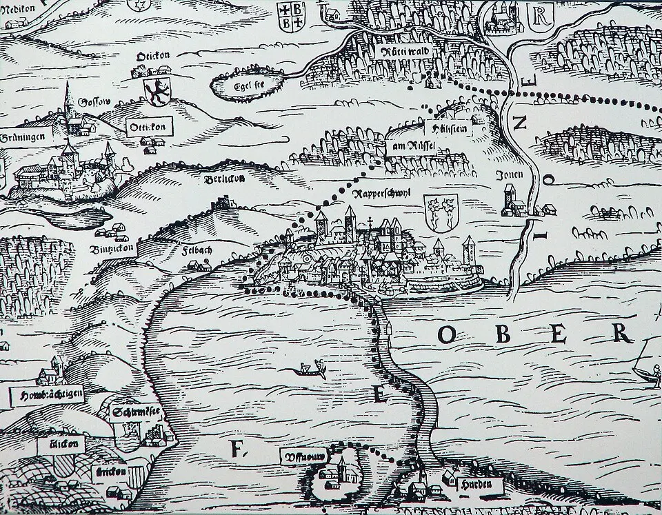 Slika: de:Jos Murer, upload by Roland zh · Public domain Widenchlösterli / St. Anna in Wyden, mittelalterlich-neuzeitliche sakrale Anlage