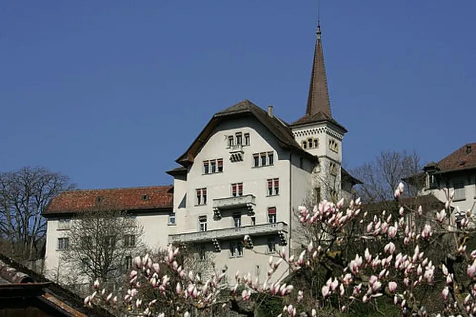 Immagine: Roland Zumbühl (Picswiss), Arlesheim (Commons:Picswiss project) · CC BY-SA 3.0 Schloss Carrouge mit altem Turm und Springbrunnen