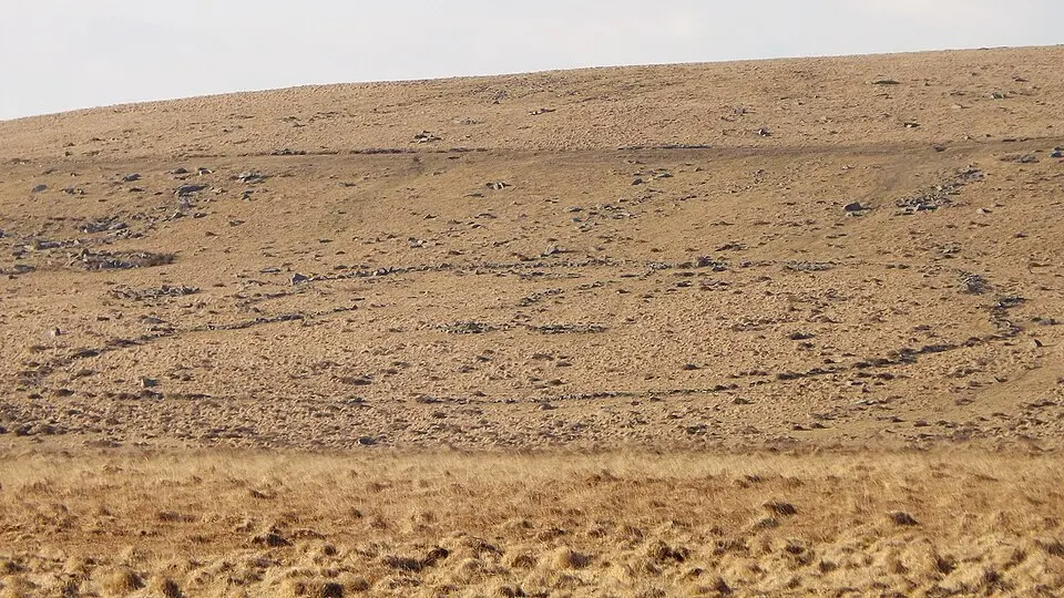 Partially enclosed stone hut circle settlement south of Foggintor Quarries, 1140m ENE of Criptor