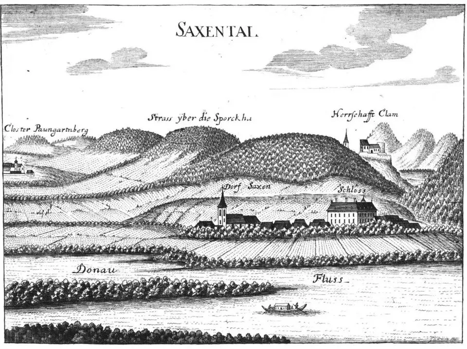 Obrázok: Georg Matthäus Vischer · Public domain Schloss Saxental
