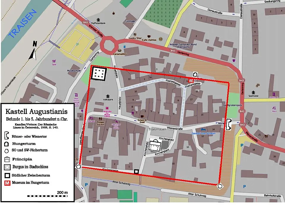 Obrázok: Karte, Kartendaten: OpenStreetMap und Mitarbeiter Ergänzungen: Veleius/Eigene Arbeit/own work · CC BY-SA 2.0 Römisches Auxiliarkastell Augustiana, Zentralbereich, Innenverbauung und Wehranlagen