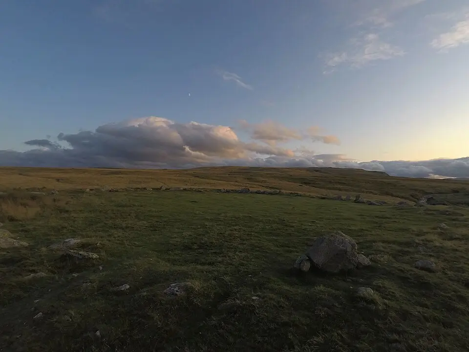 The Cockpit stone circle and seven adjacent clearance cairns, Moor Divock
