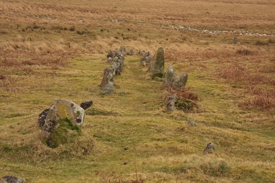 Double stone alignment with a terminal stone setting south of Great Trowlesworthy Tor