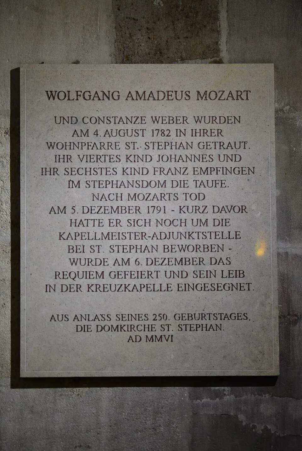 Gedenktafel für Wolfgang Amadeus Mozart (Hochzeit) (Wien, Stephansdom)