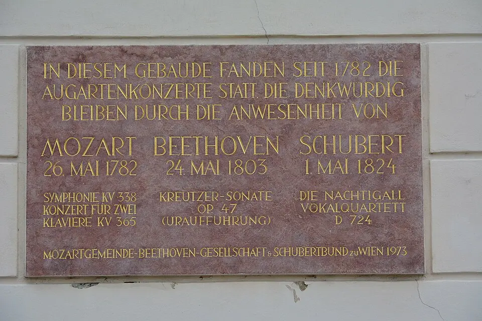Gedenktafel für die Augartenkonzerte (Wien, Obere Augartenstraße 1, Augarten, Cafe Augarten)
