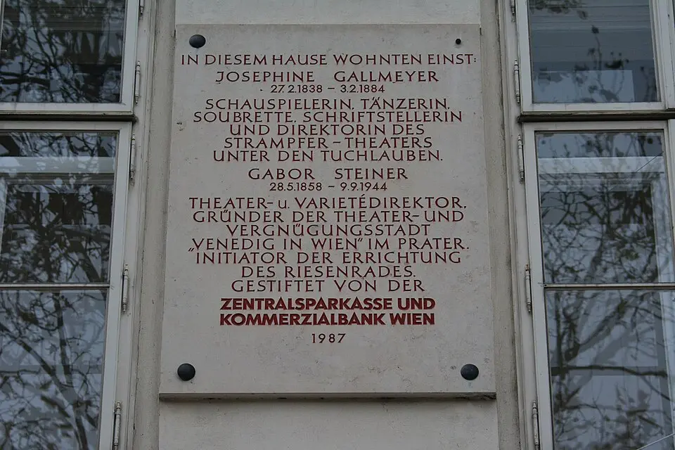 Gedenktafel für Josephine Gallmeyer und Gabor Steiner (Wien Praterstraße 56)