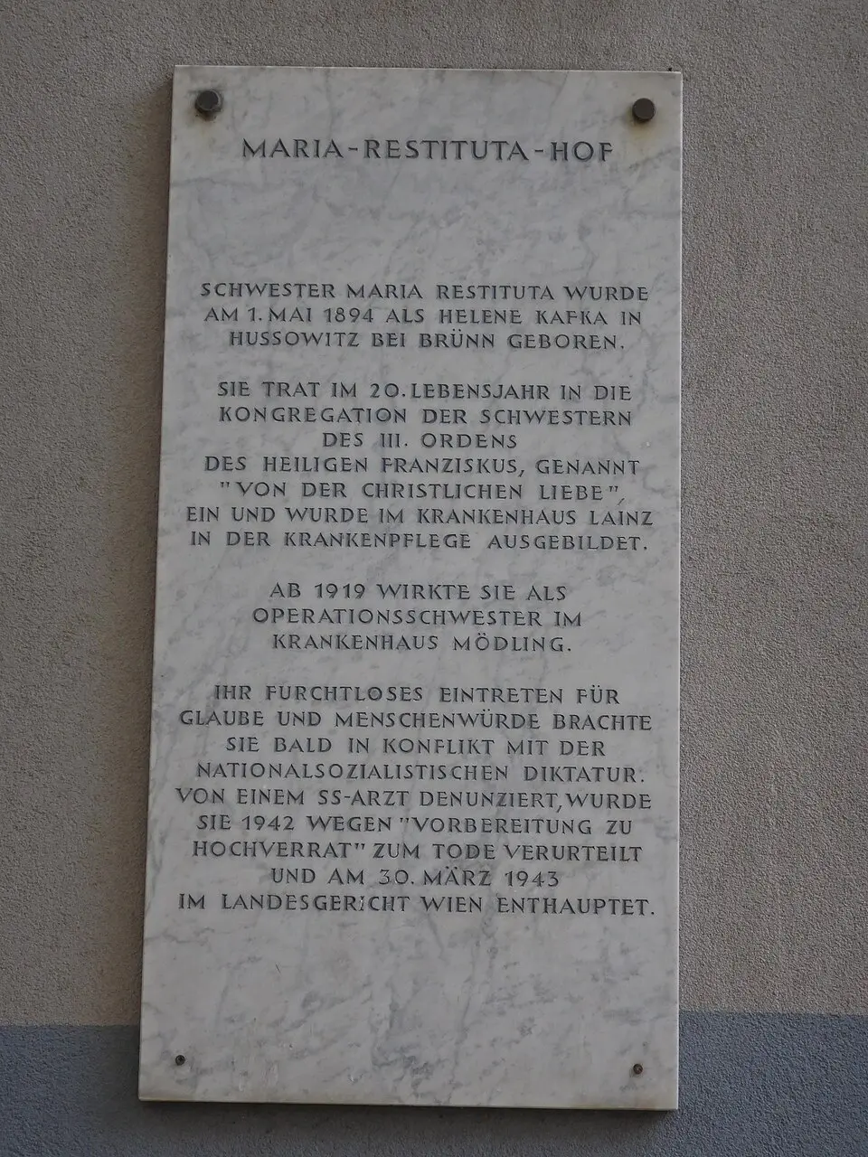 Gedenktafel für NS-Opfer (Wien, Pannaschgasse 6, Maria Restituta Kafka)