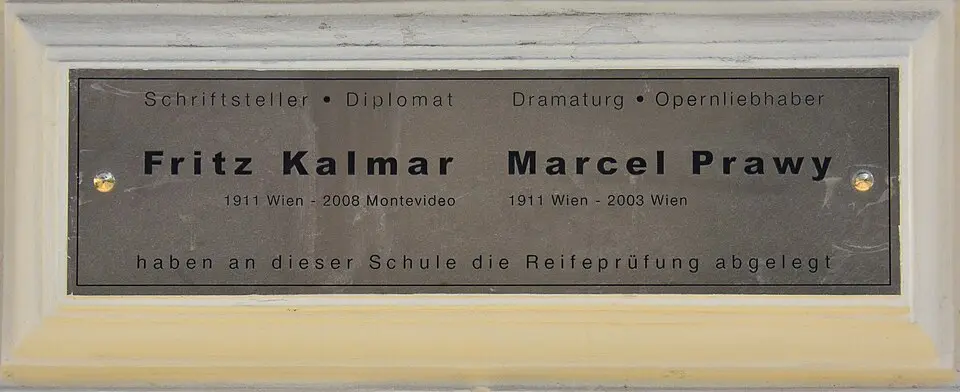 Gedenktafel für Schüler des Gymnasiums Wasagasse (Wien, Wasagasse 10, Fritz Kalmar, Marcel Prawy)