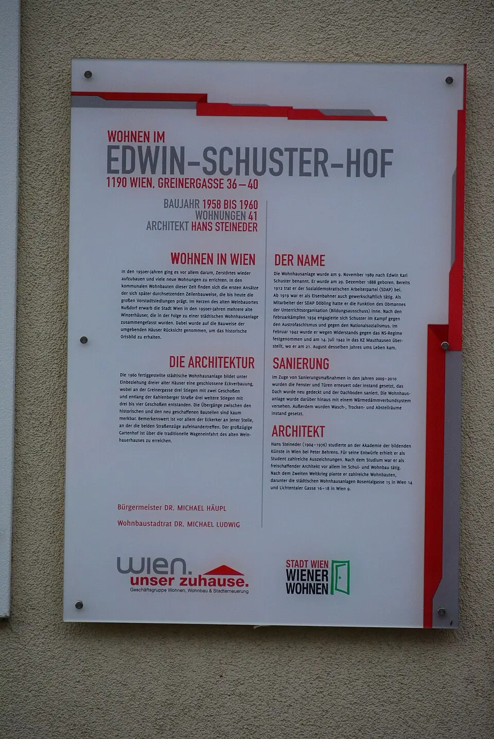 Gedenktafel für Edwin Schuster (Wien, Greinergasse 36 - 40)