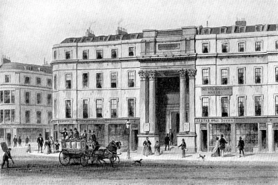 Slika: Postcard engraving · Public domain Exeter Hall